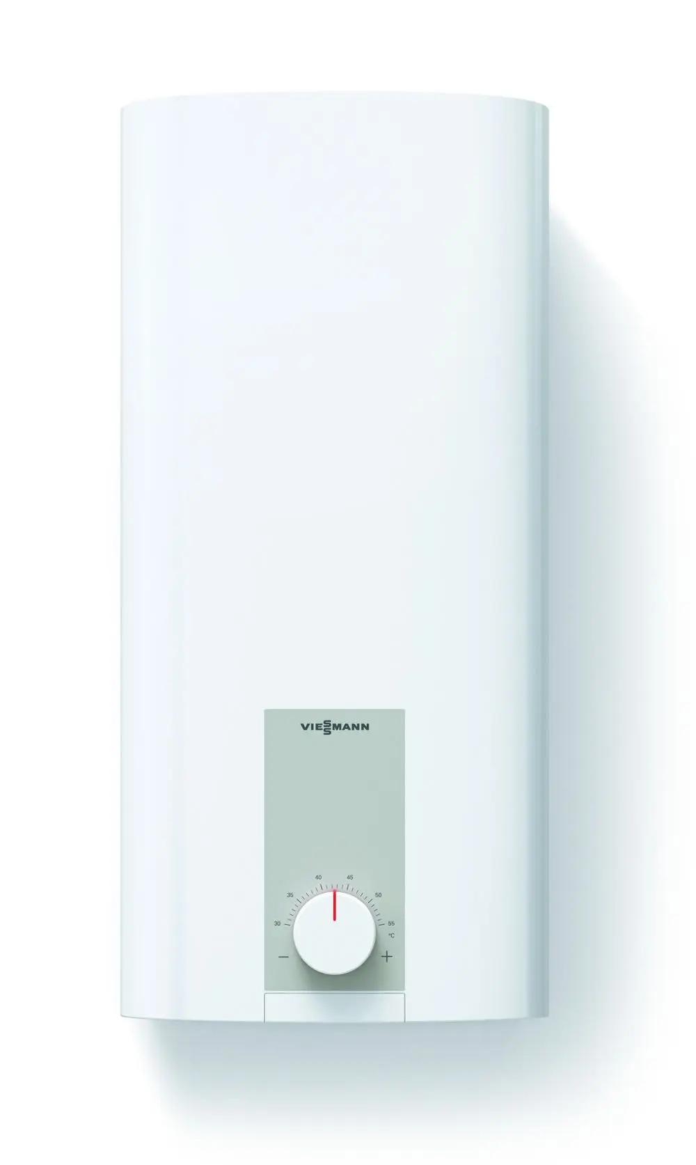 Weißer Durchlauferhitzer von Viessmann mit einem regelbaren Temperaturregler. Das Gerät hat eine schlichte, moderne Form und ist für die Wandmontage konzipiert.